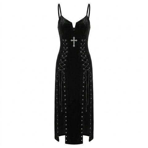 Goth Velvet Cross Lace-Up Split Dress