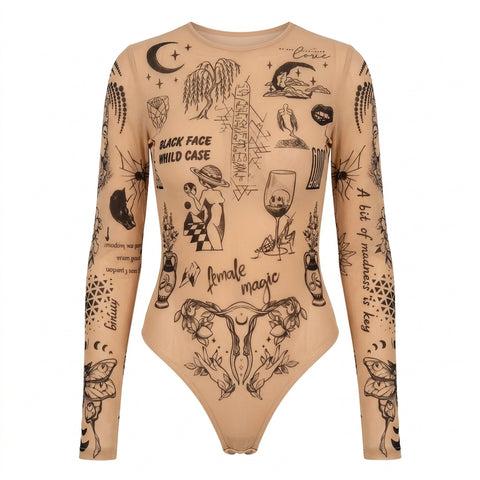 Nu Goth Female Magic Tattoo Print Bodysuit Suit
