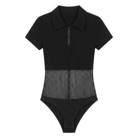 Goth Mesh Panel Zip Collar Bodysuit Top