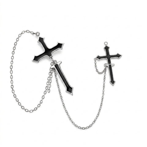 Goth Dual Cross Chain Ear Cuff Earring Set