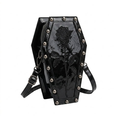 Goth Coffin Rose Embroidered Crossbody Bag