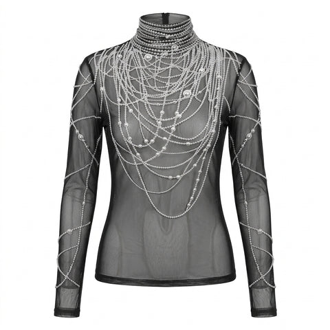 Nu Goth Pearl Web Mesh Long Sleeve Top