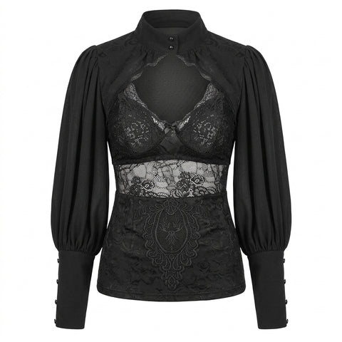 Victorian Goth Midnight Lace Lantern Sleeve Crop Top