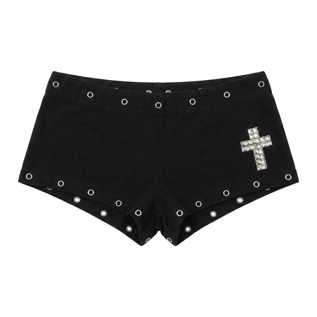 Mall Goth Studded Cross Micro Shorts with Grommet Trim