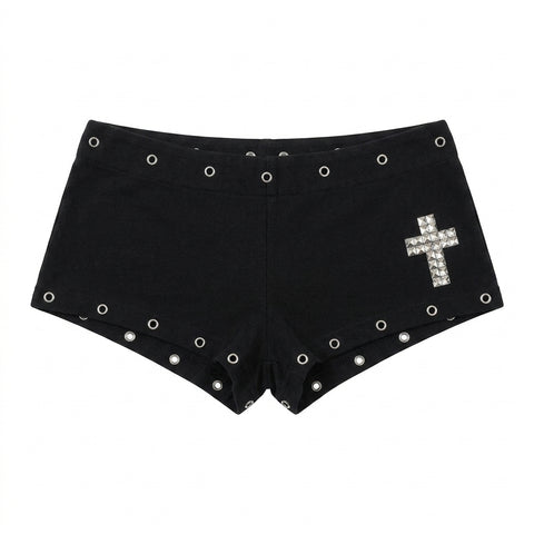Mall Goth Studded Cross Micro Shorts with Grommet Trim