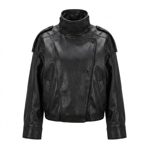 Goth Blackout Moto Coat — High-Collar Faux Leather