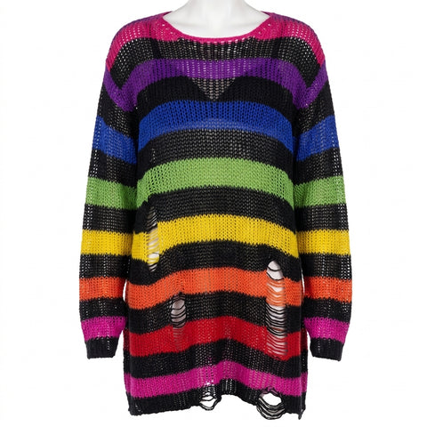 Goth Distressed Rainbow Stripe Oversized Sweater