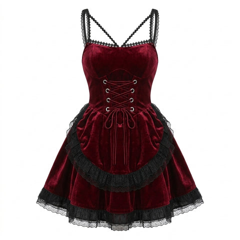 Victorian Goth Crimson Velvet Lace-Up Mini Dress