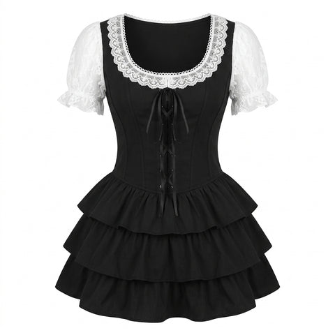Goth Lace-Top Bow Fishnet Thigh-Highs