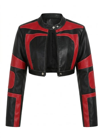 Cyber Goth Moto Patchwork Faux Leather Crop Coat
