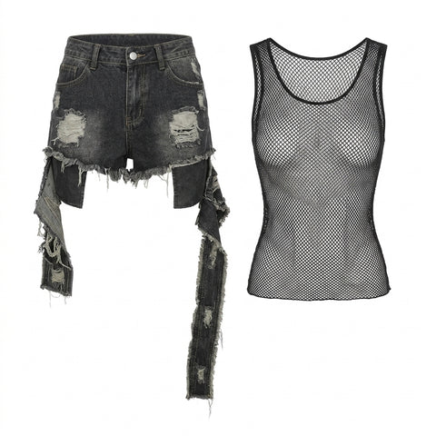 Cyber Goth Shredded Denim & Mesh Tank Set