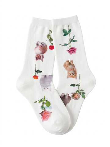 Pastel Goth Cats & Roses Sheer Printed Thigh-High Sock