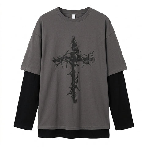 Mall Goth Thorn Cross Layered T-Shirt