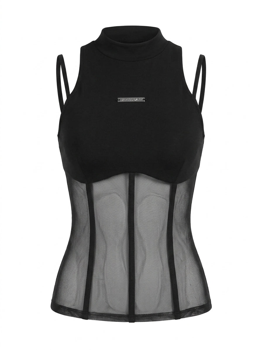 Cyber Goth Mesh Corset Panel Bodysuit Top