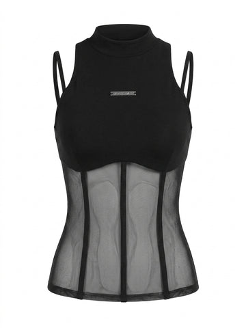 Cyber Goth Mesh Corset Panel Bodysuit Top
