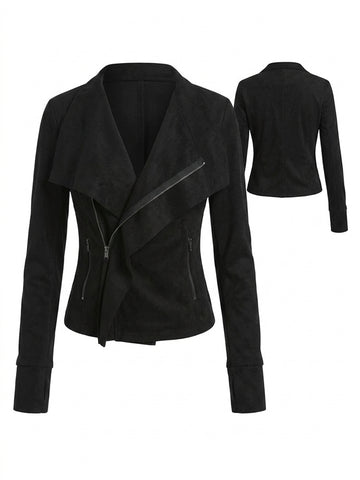 Nu Goth Asymmetric Zip Cropped Moto Coat in Noir