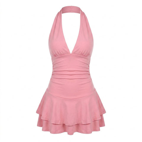 Pastel Goth Blush Halter Ruffle Mini Dress