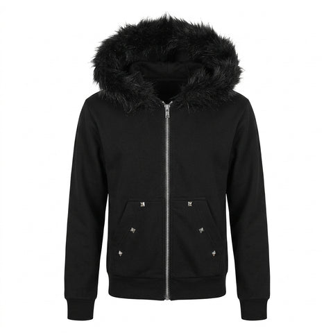 Mall Goth Faux-Fur Trim Zip Tshirt in Void Black