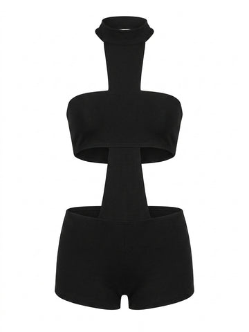 Goth Blackout Cross-Cut Halter Playsuit