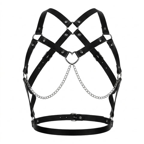 Goth Heart Ring Chain & Leather Chest Corset Harness
