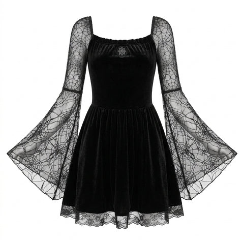 Goth Cobweb Lace & Velvet Mini Dress