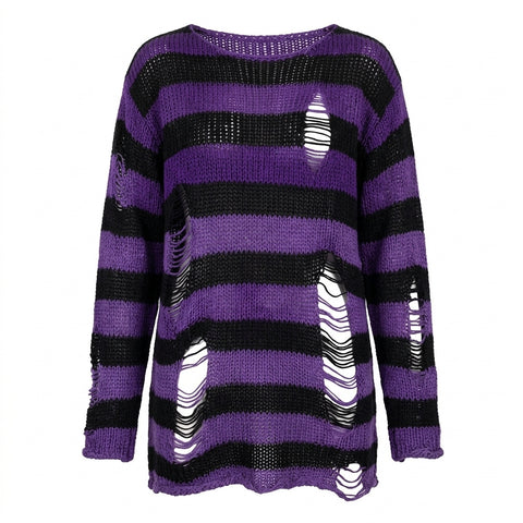 Pastel Goth Violet Striped Destroyed Knit Sweater