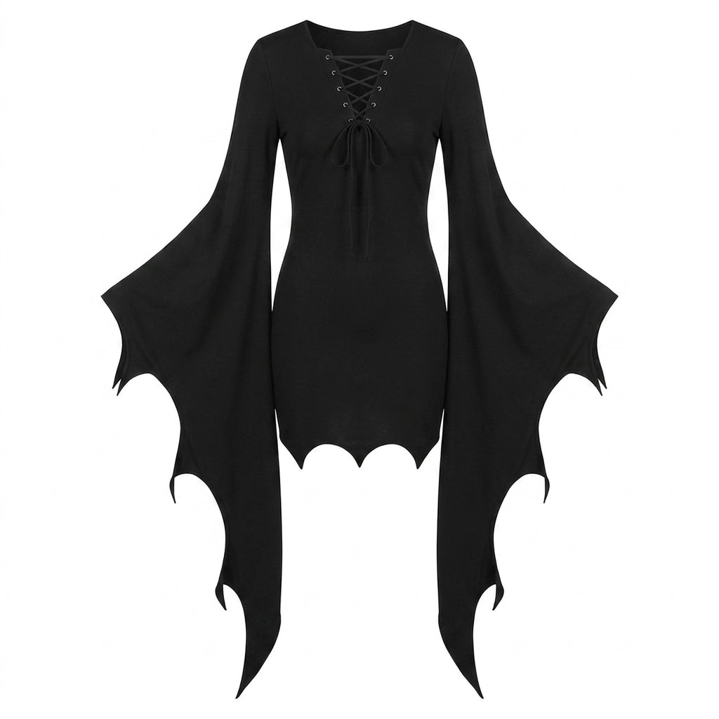 Goth Batwing Lace-Up Shadow Wing Mini Dress