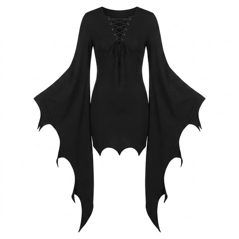 Goth Batwing Lace-Up Shadow Wing Mini Dress
