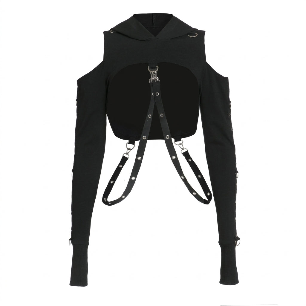 Cyber Goth Harness Cold Shoulder Crop Tshirt