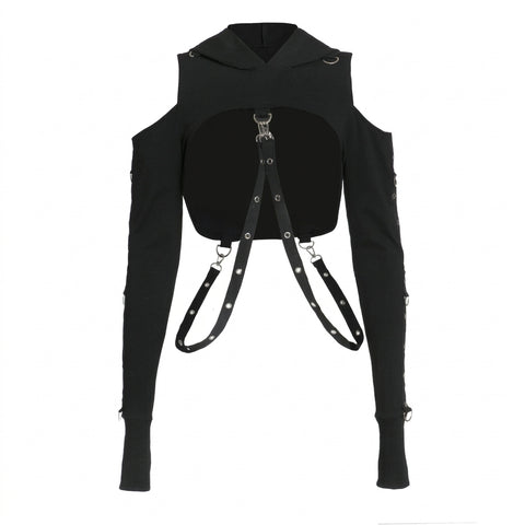 Cyber Goth Harness Cold Shoulder Crop Tshirt