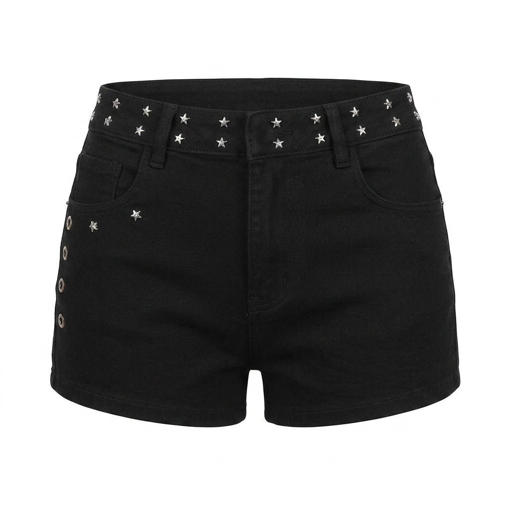 Mall Goth Skull-Studded Low Rise Denim Shorts