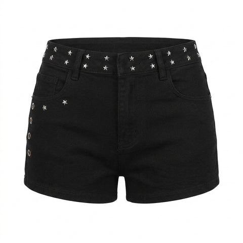 Mall Goth Skull-Studded Low Rise Denim Shorts