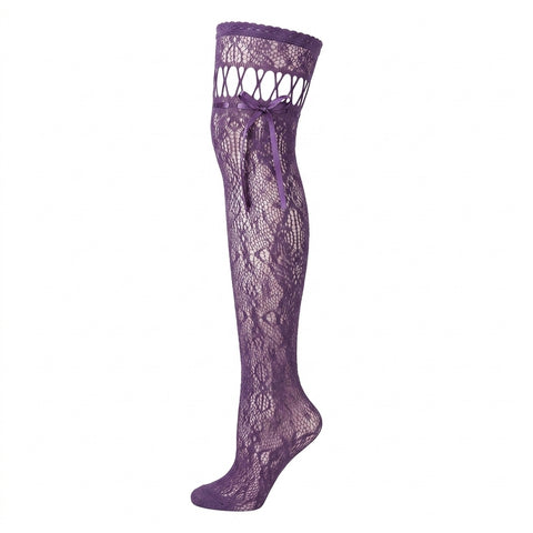 Victorian Goth Plum Lace Bow Thigh-High Sock