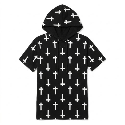 Nu Goth All-Over Cross Print Zip-Up Tshirt Hoodie