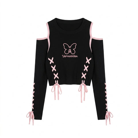 Pastel Goth Vernichten Butterfly Lace-Up Crop Sweater