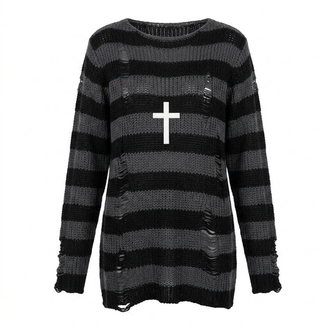Goth Distressed Stripe Knit Sweater