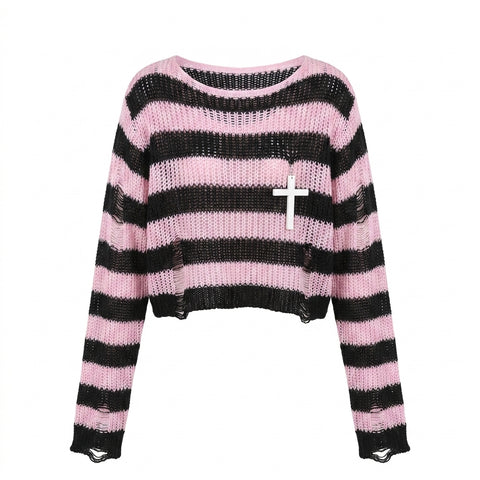 Pastel Goth Candy Stripe Distressed Knit Sweater