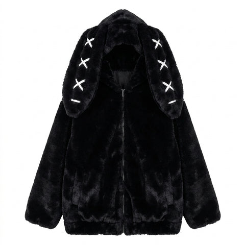 Goth Dead Rabbit Faux Fur Oversized Zip-Up Top