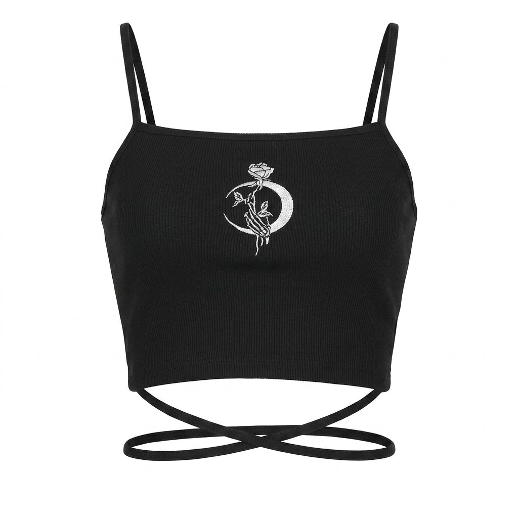 Goth Dead Moon Rose Wrap Crop Top