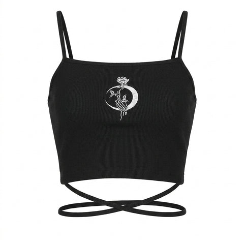 Goth Dead Moon Rose Wrap Crop Top