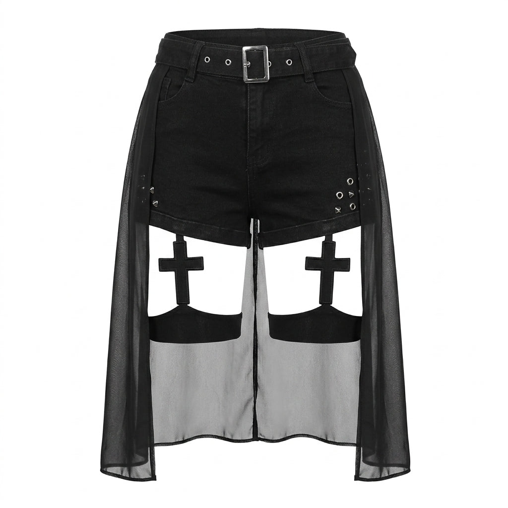 Nu Goth Cross Garter Mesh Overlay Outfit