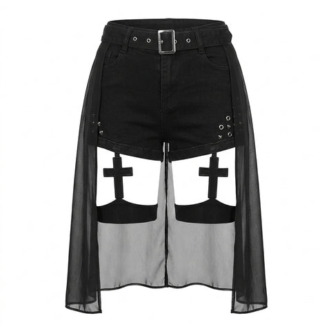 Nu Goth Cross Garter Mesh Overlay Outfit