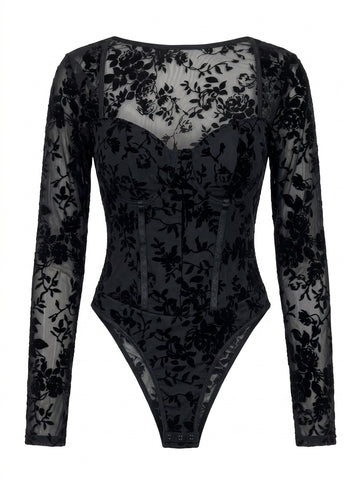 Victorian Goth Velvet Rose Corset Bodysuit Blouse