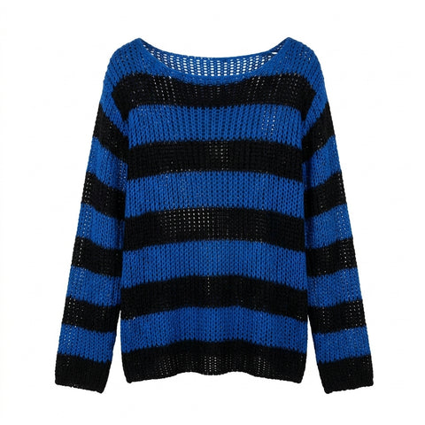 Goth Blue & Black Striped Hollow-Knit Top