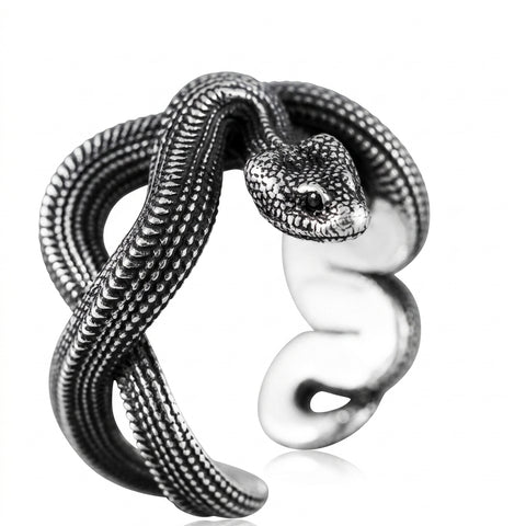 Goth Serpent Coil Ring — Oxidised Silver Snake Wrap