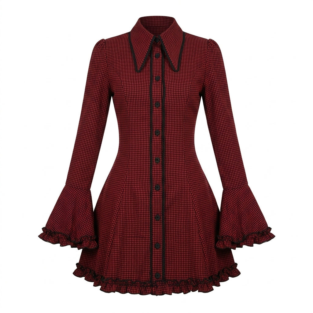 Victorian Goth Crimson Houndstooth Ruffle Dress