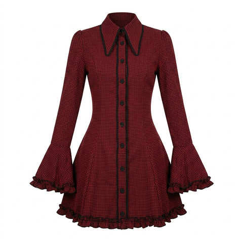 Victorian Goth Crimson Houndstooth Ruffle Dress