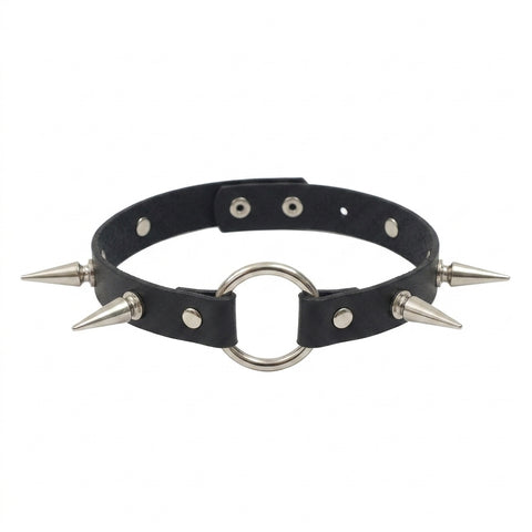 Goth Silver Spike Faux Leather Choker Necklace