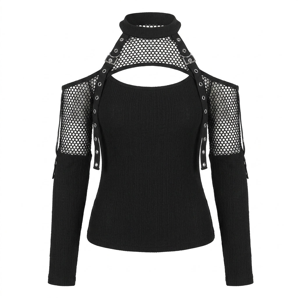 Goth Harness Cold Shoulder T-Shirt in Ribbed Mesh Black