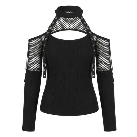 Goth Harness Cold Shoulder T-Shirt in Ribbed Mesh Black